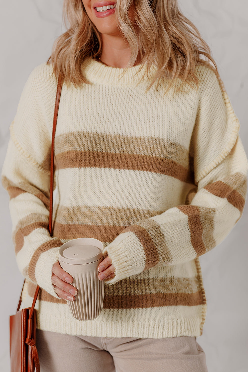Khaki Stripe Exposed Seam Drop Shoulder Knit Baggy Oversized Sweater Cozy Casual Knitwear Dear-Lover Dropshipping